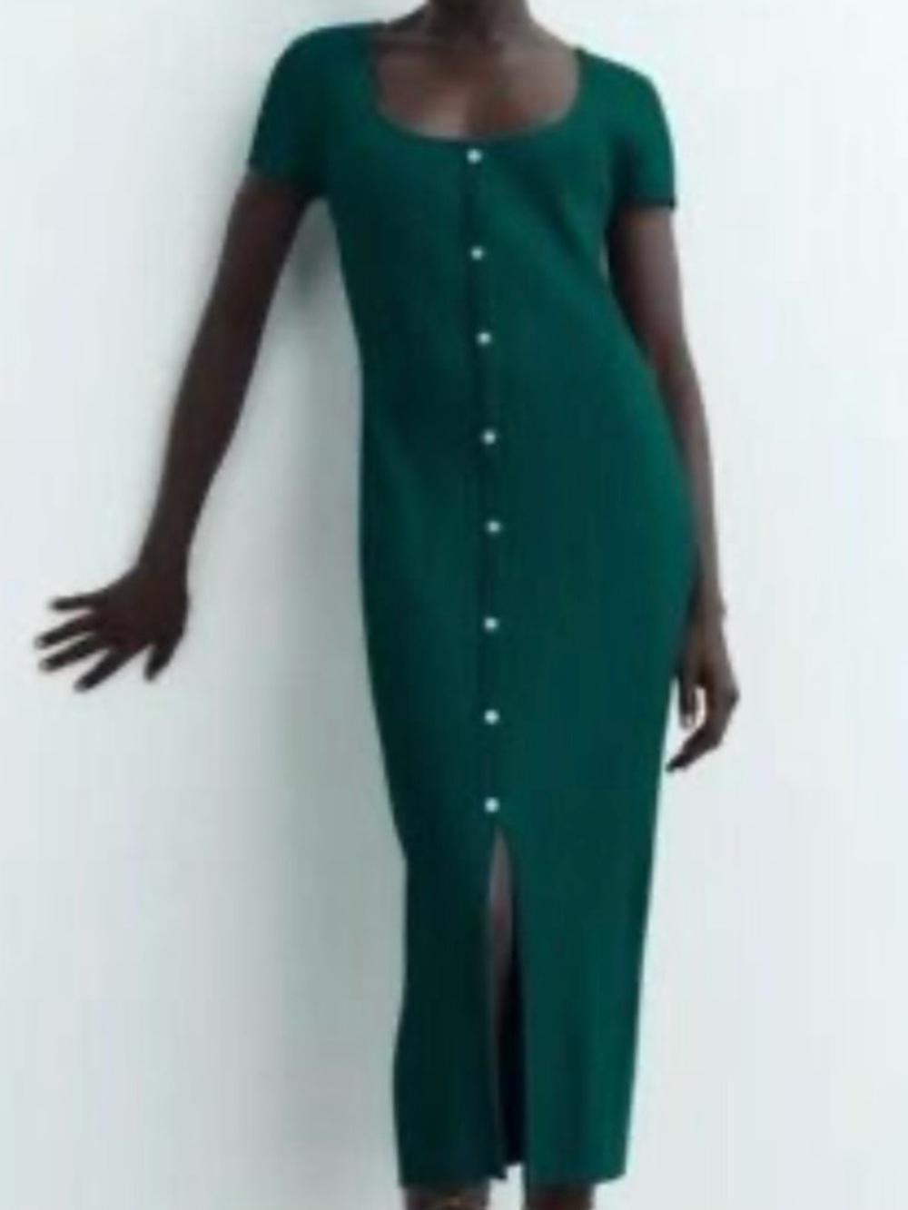 Zara Dark Green Button-Front Midi Dress